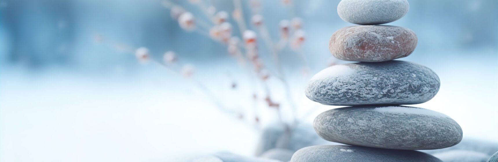 stack of pebbles or stones on winter outdoor background. Winter yoga