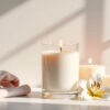 candle with a see thru glass vessel and white wax inside on a white surface near the wall, light strips on the wall, a soft towel and a lily flower