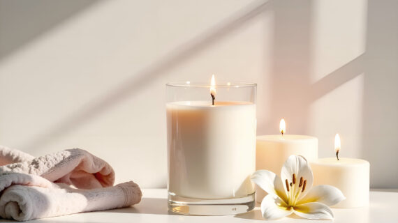 candle with a see thru glass vessel and white wax inside on a white surface near the wall, light strips on the wall, a soft towel and a lily flower