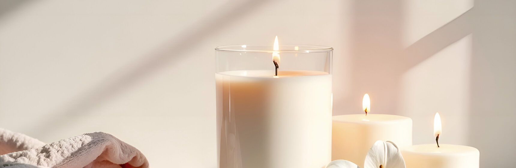 candle with a see thru glass vessel and white wax inside on a white surface near the wall, light strips on the wall, a soft towel and a lily flower