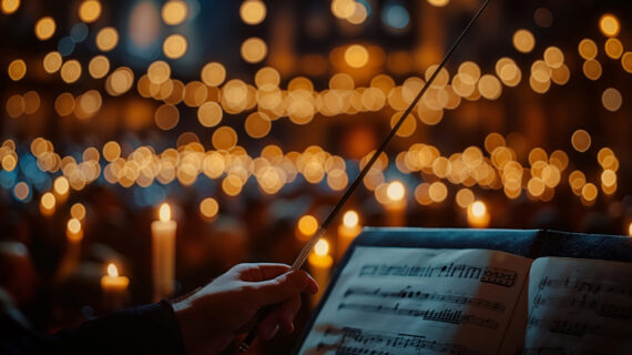 Conductor's hand holding a baton, with candlelit background and musical notes in the foreground.